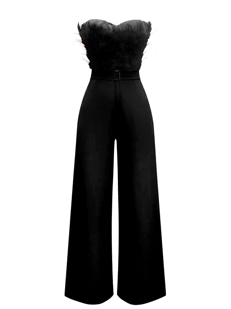1970er Solide Trägerlos Feder Jumpsuit