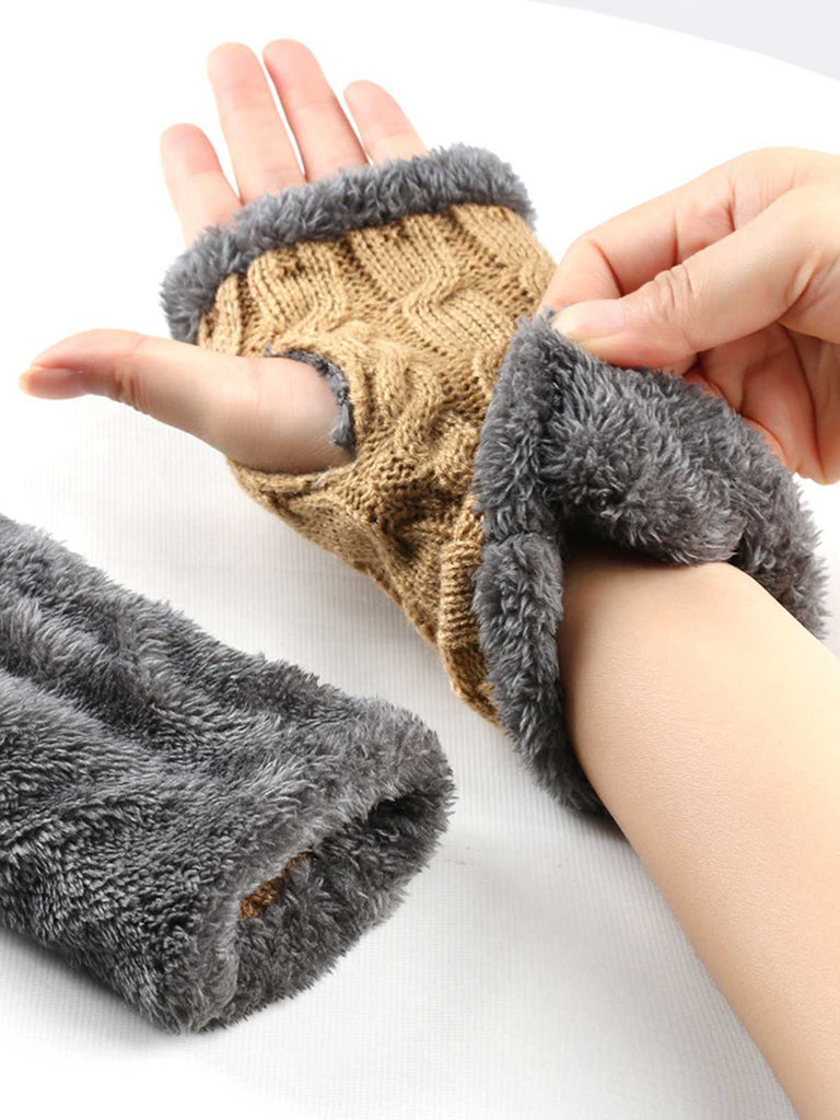 Winter Kunstpelzbesatz Stricken Fingerlos Handschuhe