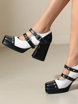 Mary Jane Nieten Quadratisch Zehenbereich Block Absatz Schuhe