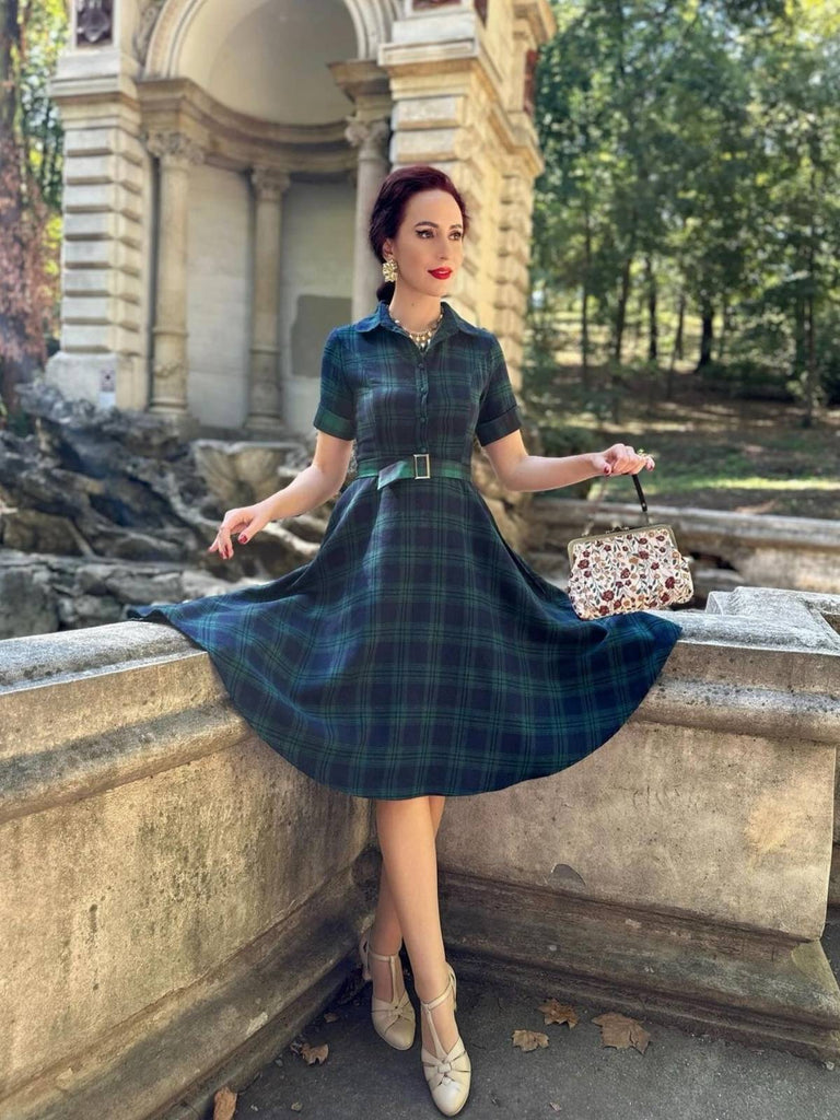 GRÜN 1950ER PLAID KURAZARM SWING KLEID