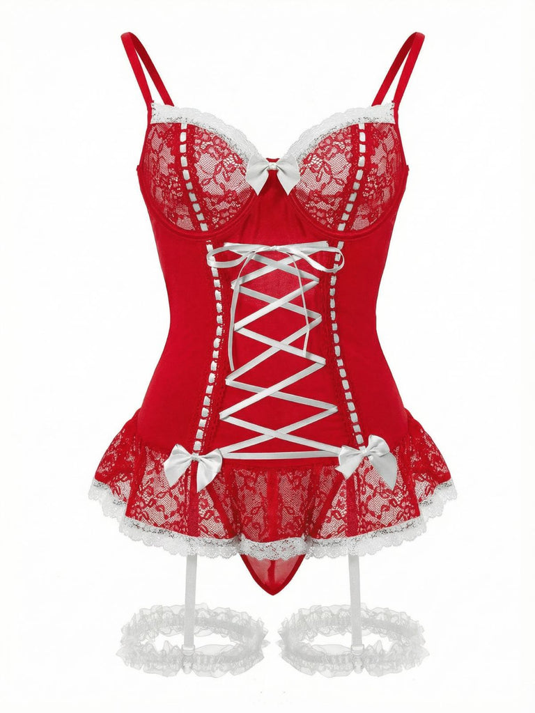 1970er Kontrastiert Spitze Netz Bogen Schnürung Dessous Set