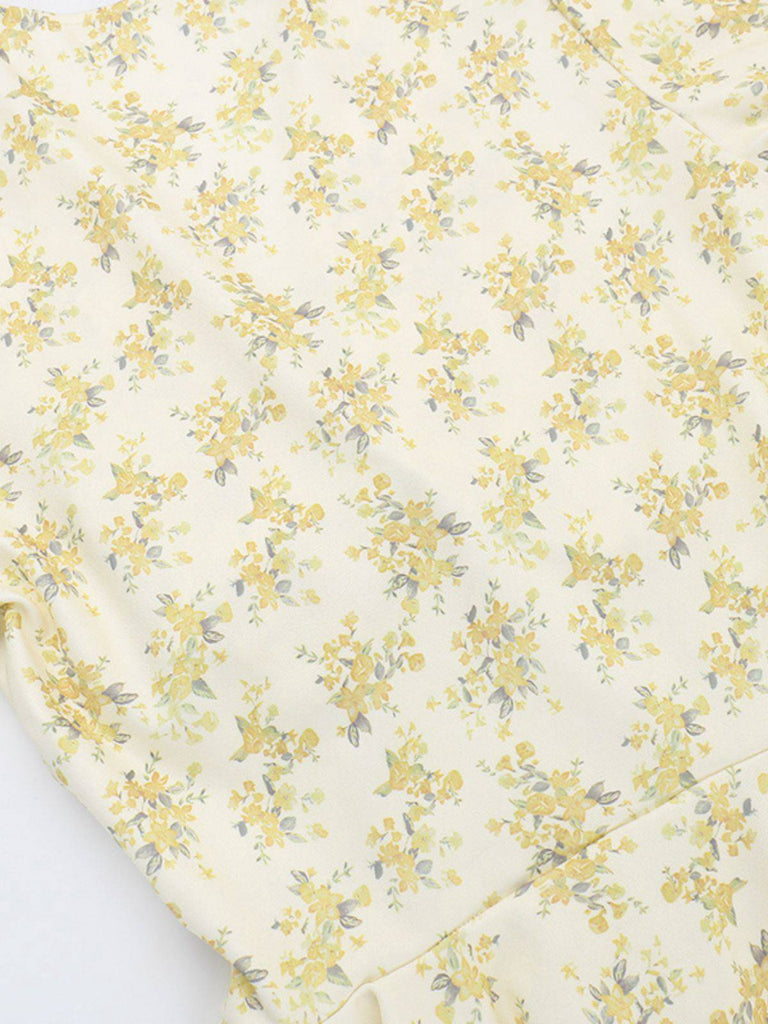 Gelb 1960er Blumen Puffärmel V-Ausschnitt Kleid