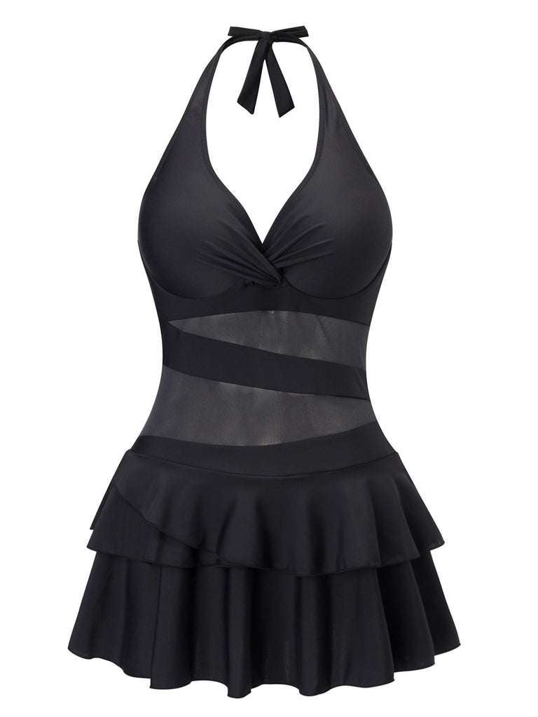 Schwarz 1940er Mehrlagiger Saum Halter Badekleid