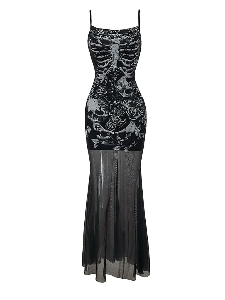 Schwarz 1970er Gothic Skeleton Netz Slip Kleid