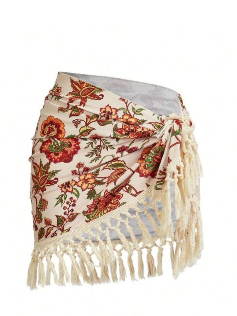 2PCS 1960er Tief V-Ausschnitt Fransen Badeanzug & Cover-Up