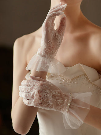 Perle Genähte Chiffon Spitze Handschuhe
