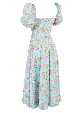 1940er Kleine Blumen Quadratischer Hals Schlitz Kleid