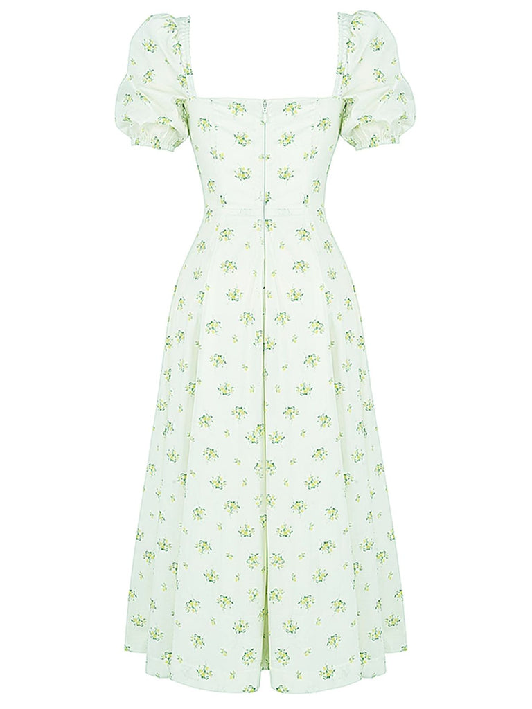 1940er Kleine Blumen Quadratischer Hals Schlitz Kleid