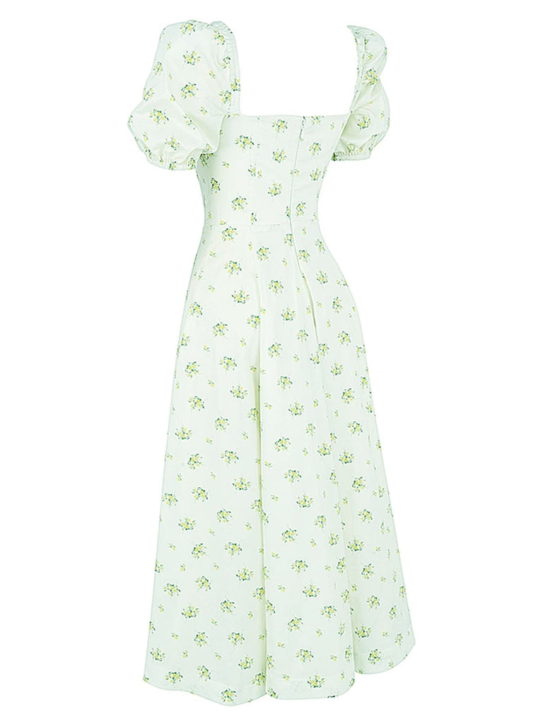 1940er Kleine Blumen Quadratischer Hals Schlitz Kleid