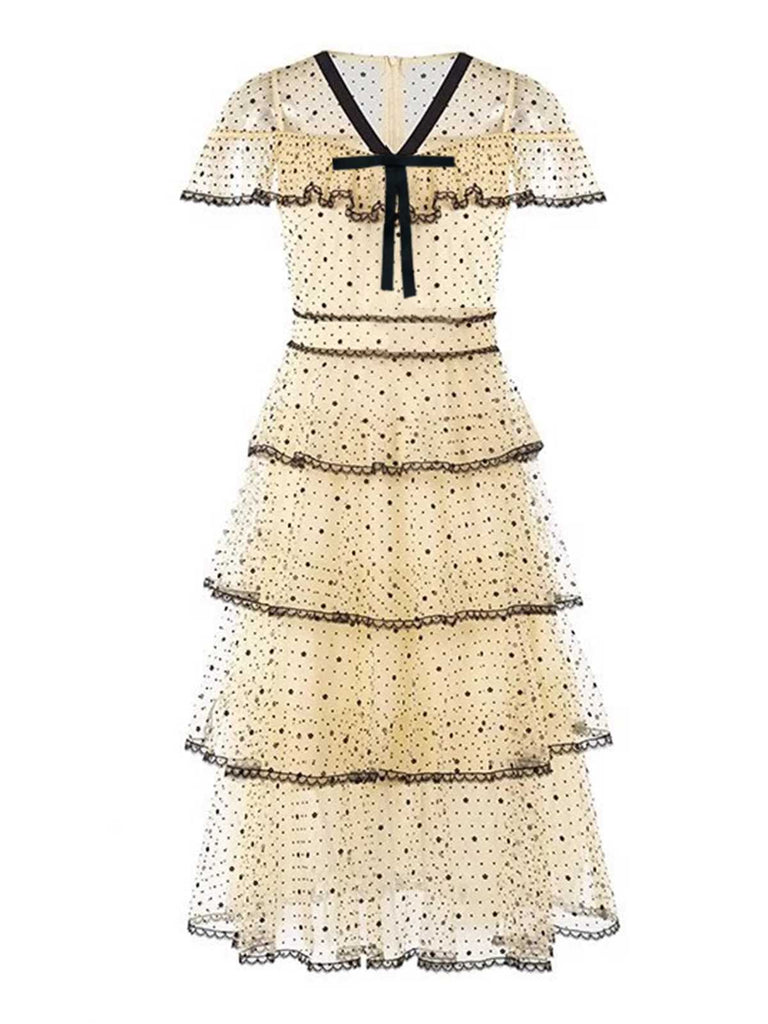 Cremeweiß 1950er Tupfen Bogen Netz Schichtung Kleid