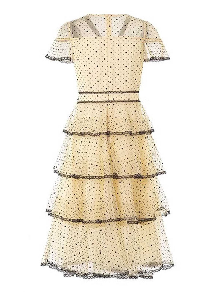 Cremeweiß 1950er Tupfen Bogen Netz Schichtung Kleid