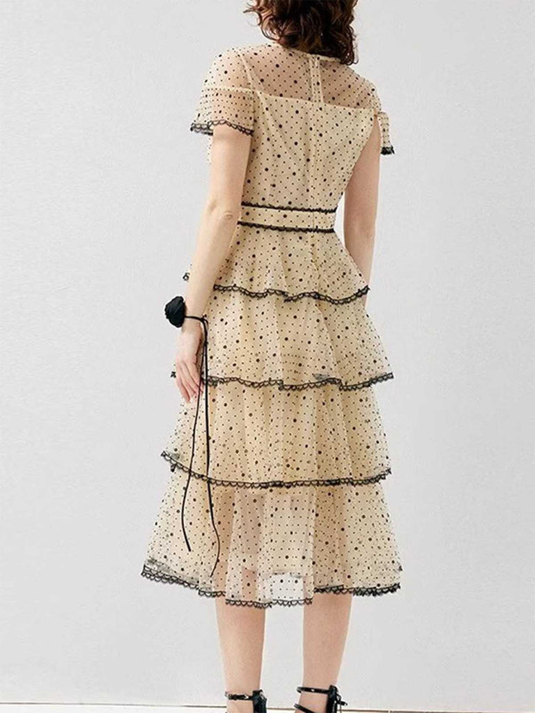 Cremeweiß 1950er Tupfen Bogen Netz Schichtung Kleid