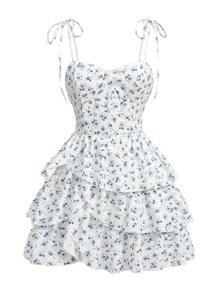 Weiß 1960er Kleine Blumen Kuchen Kleid