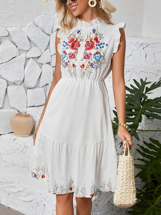 Weiß 1940er Blumen Rüschen Ärmellos Kleid