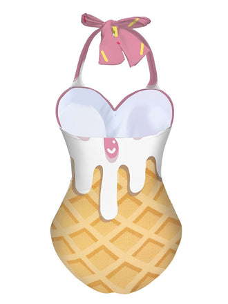 Rosa 1970er Eiscreme Halter Badeanzug