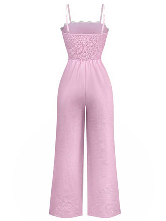 1970er Welle-Trimmen Spaghetti Träger Weites Bein Jumpsuit