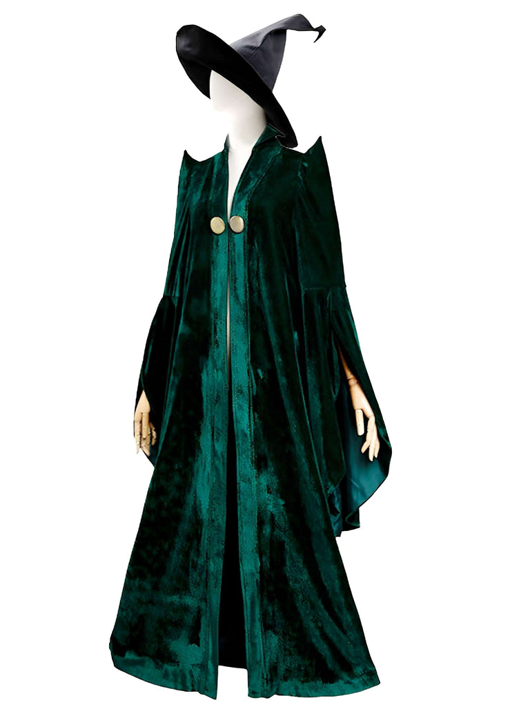 Grün 1970er Halloween Samt Hexe Kostüm Mantel