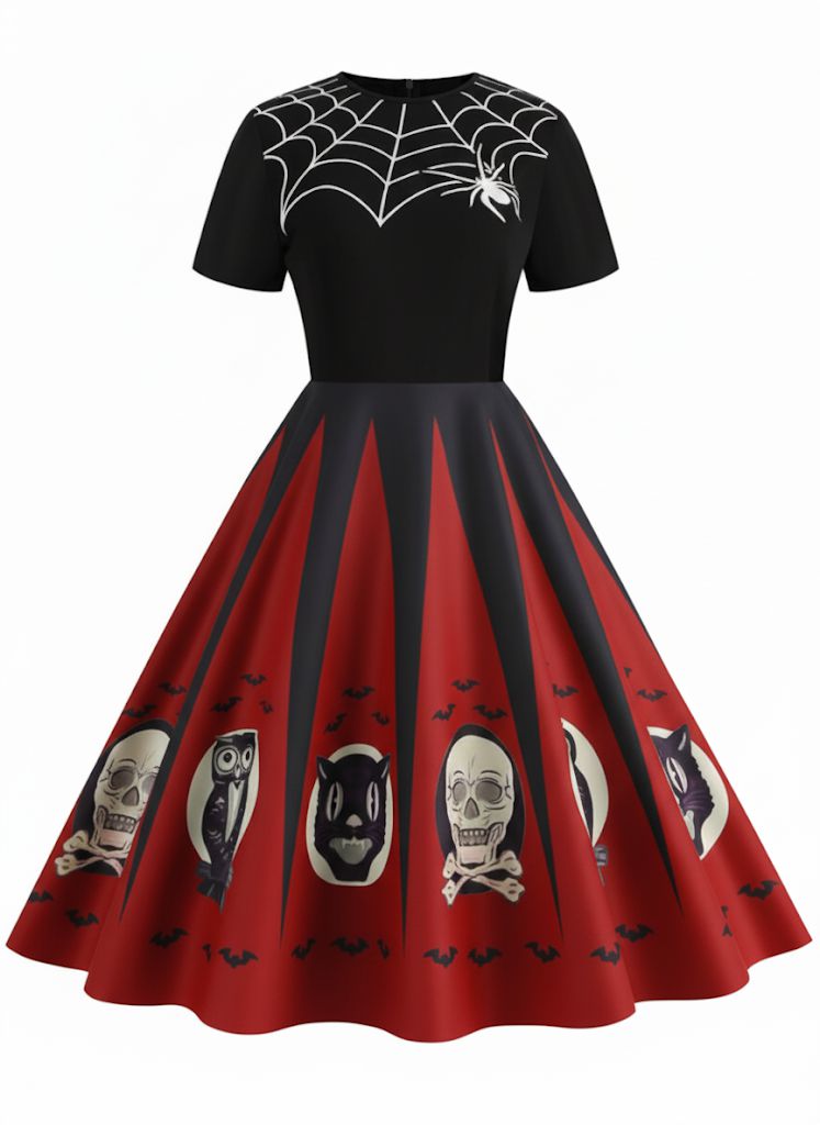 [Vorverkauf] Rot 1950er Halloween Spinnennetz Druck Patchwork Kleid