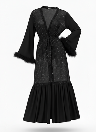 Schwarz 1970er Sheer Funkeln Netz Gürtel Bademantel