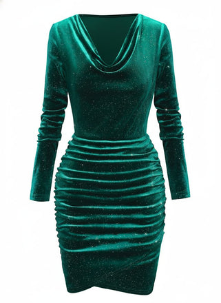 1960er Solide Samt Langarm Wasserfallausschnitt Kleid