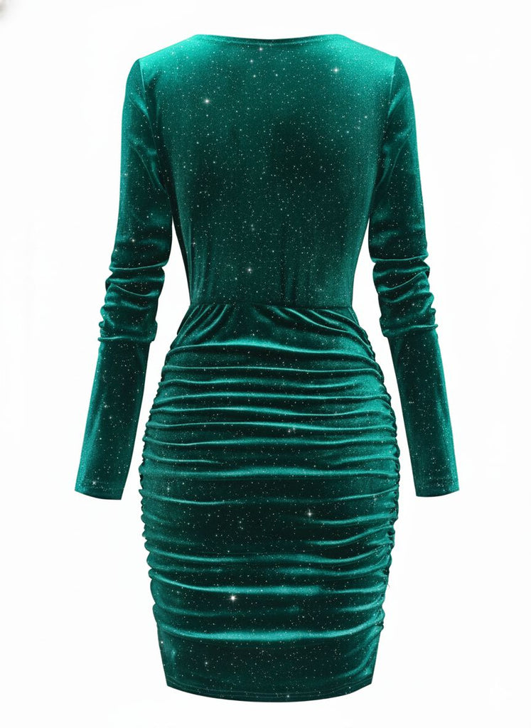 1960er Solide Samt Langarm Wasserfallausschnitt Kleid