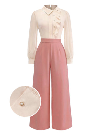 [Vorverkauf] Rosa 1930er Rüschen Revers Lang Ärmel Jumpsuit