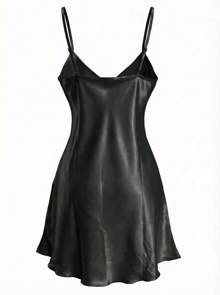 1960er Solide Spitze V-Ausschnitt Spaghetti Träger Nachthemd