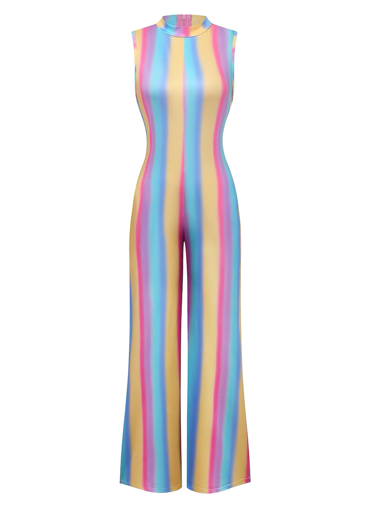 1970er Regenbogen Streifen Ärmellos Weites Bein Jumpsuit