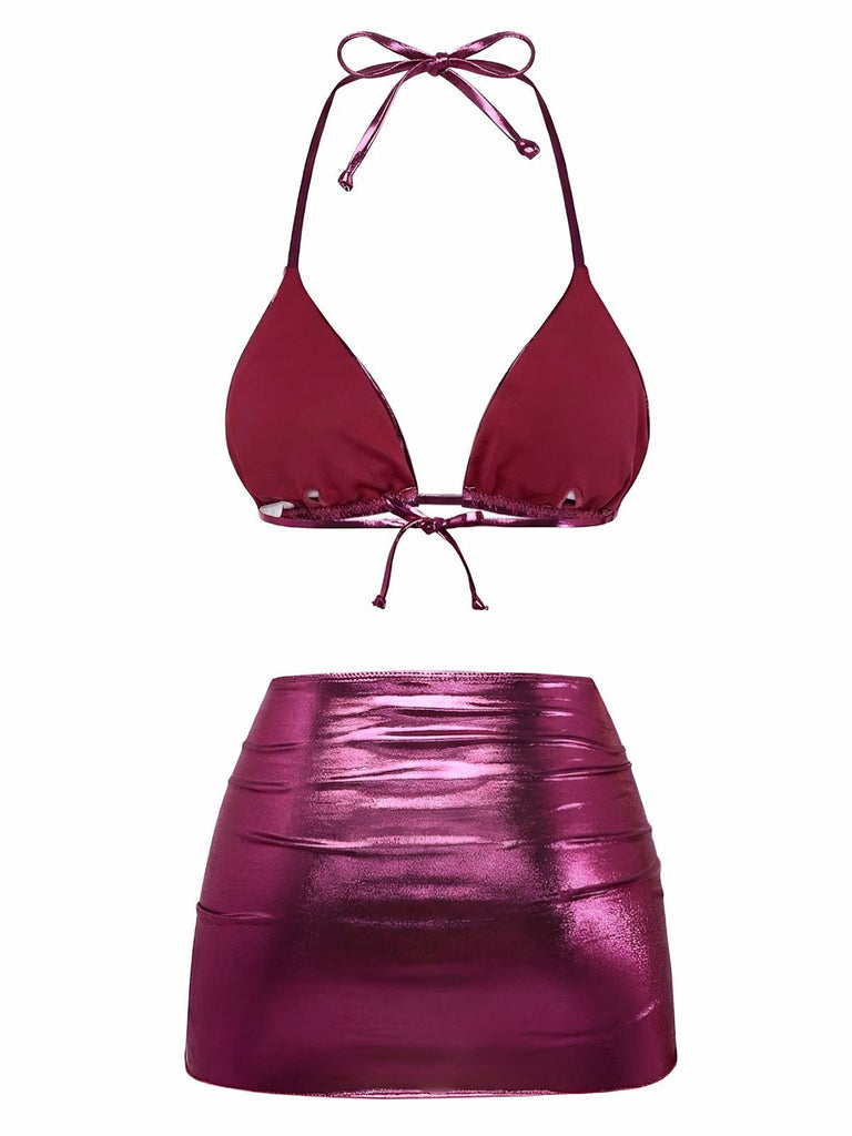 1970er Solide Halter Metallisch Bikini Set