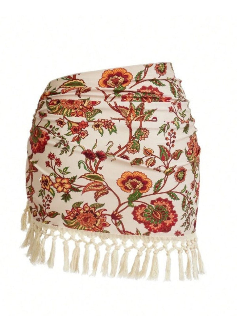 2PCS 1960er Tief V-Ausschnitt Fransen Badeanzug & Cover-Up