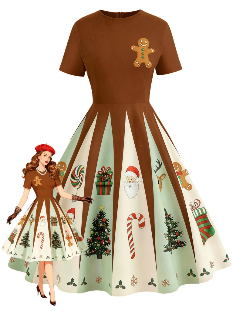 [Vorverkauf] Braun 1950er Weihnachten Lebkuchen Swing Kleid