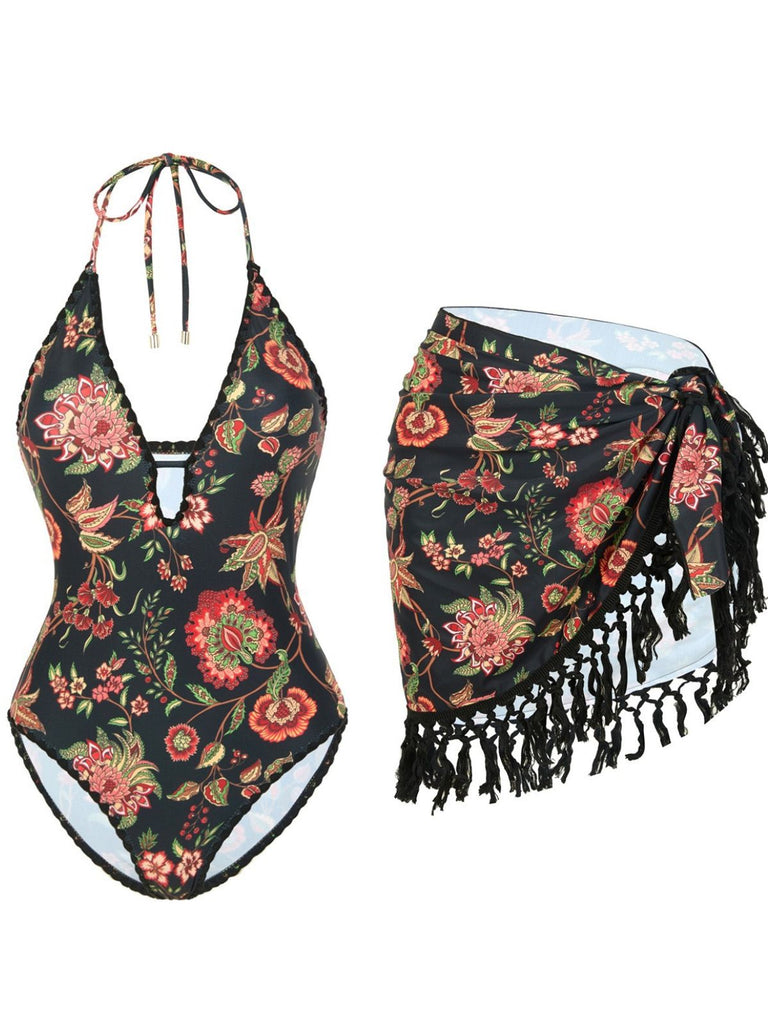 2PCS 1960er Tief V-Ausschnitt Fransen Badeanzug & Cover-Up