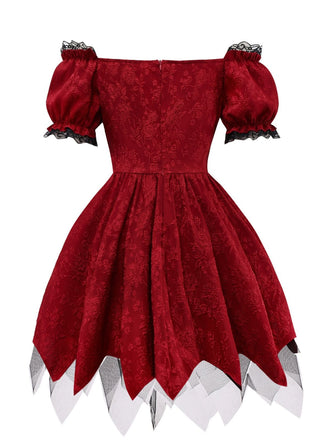 Rot 1970er Gothic Spitzen Bogen Schulterfrei Kleid