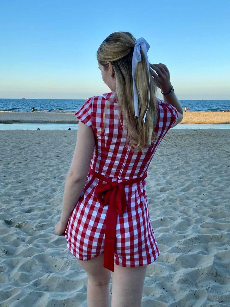 Rot 1940er Revers Plaids Romper mit Gürtel