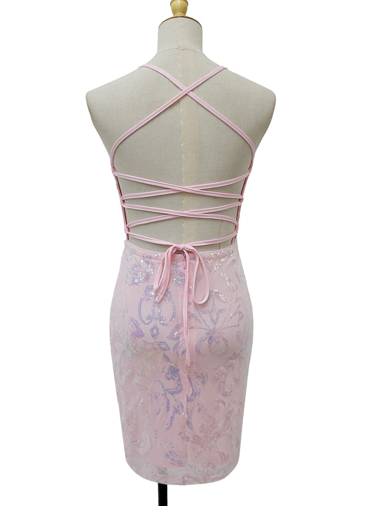 1920er Solide Pailletten Spaghetti Träger Rückenfrei Kleid