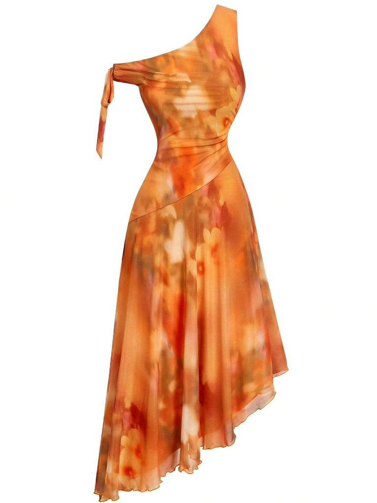 Orange 1970er Eine Schulter Netz Asymmetrisch Saum Kleid
