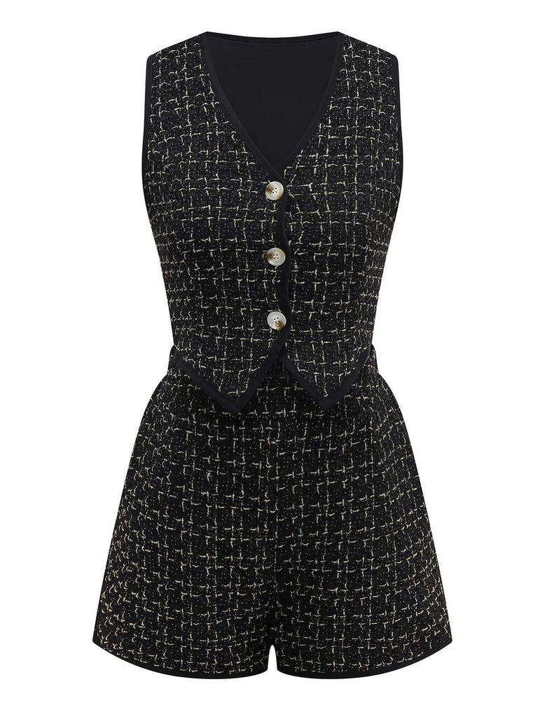 2PCS Schwarz 1970er Tweed Plaids Weste & Shorts