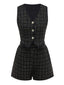 2PCS Schwarz 1970er Tweed Plaids Weste & Shorts