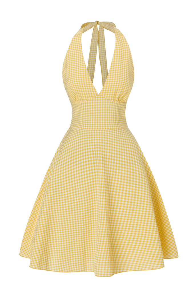 Gelb 1960er Halfter V-Ausschnitt Plaids Kleid