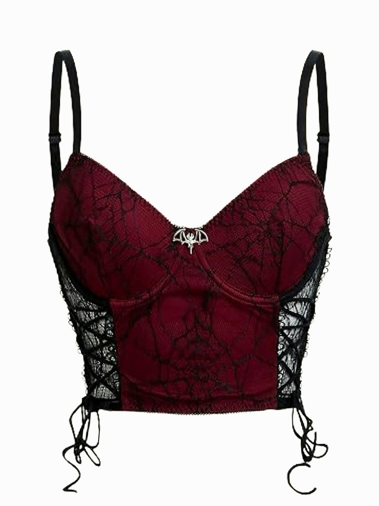Weinrot 1970er Schläger Spinnennetz Spitze Camisole
