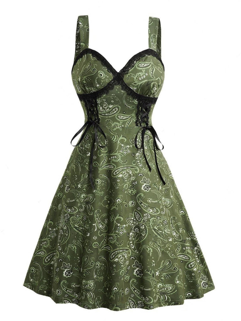Grün 1950er Paisley Spitze Patchwork Swing Kleid