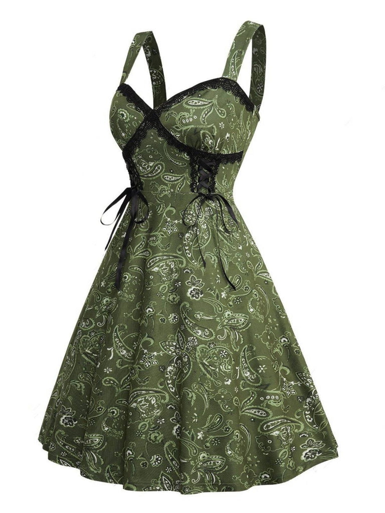 Grün 1950er Paisley Spitze Patchwork Swing Kleid