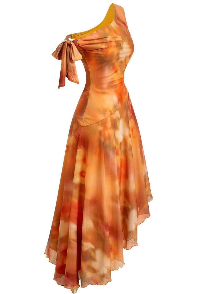 Orange 1970er Eine Schulter Netz Asymmetrisch Saum Kleid