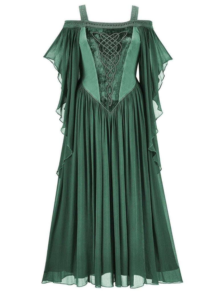 1950er Solide Samt Netz Kalte Schulter Kleid