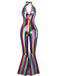 Mehrfarbig 1970er Regenbogen Farbblock Disko Halter Jumpsuit