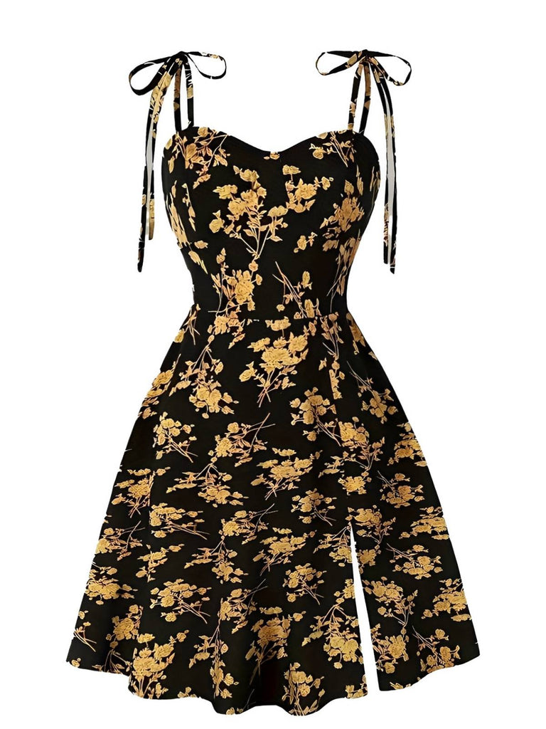 [Übergröße] Orange 1940er Kleine Blumen Spaghetti Träger Schnürung Kleid
