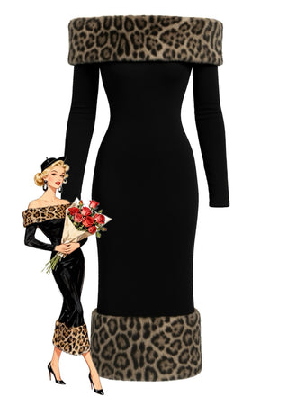 Schwarz 1930er Leopard Pelz Patchwork Einschultrig Kleid