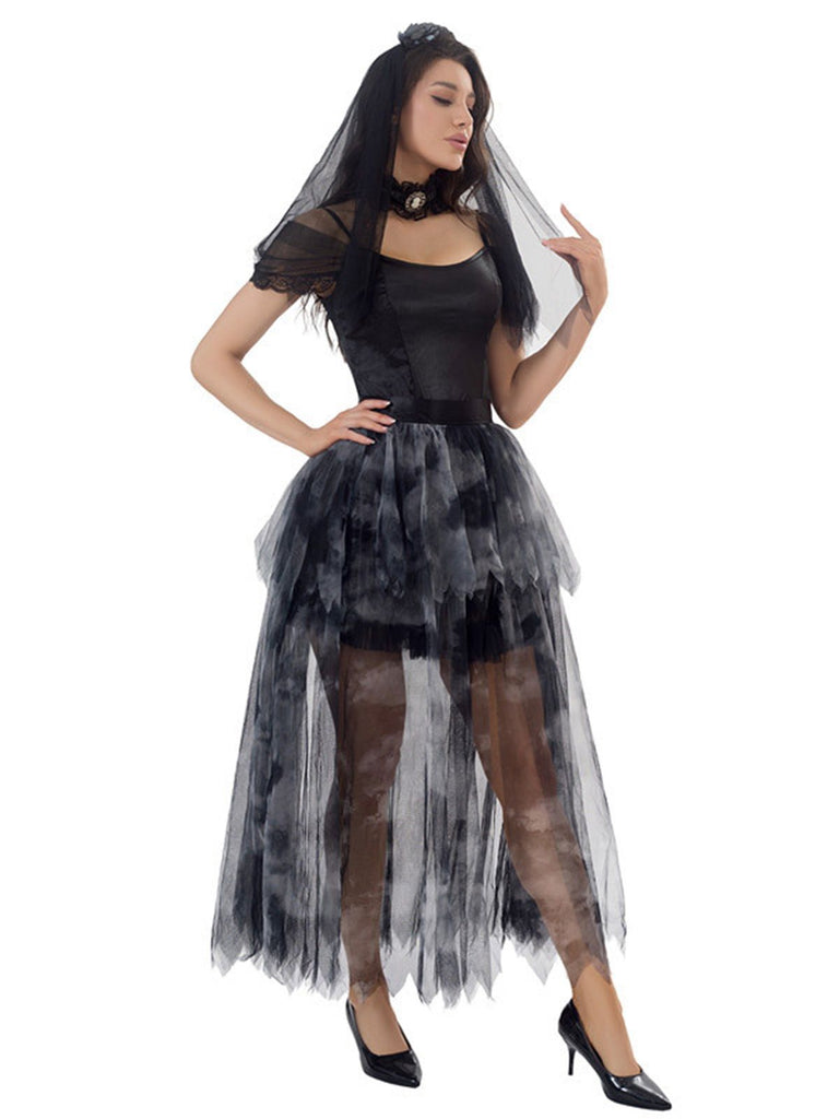 Schwarz 1970er Halloween Geisterbraut Tüll Kleid Set