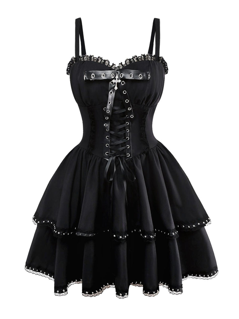 Schwarz 1980er Gothic Geschichtet Spitze Spaghetti-Träger Kleid