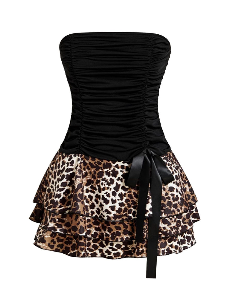 Schwarz 1980er Wickel Leopard Rüschen Binde Mini Kleid